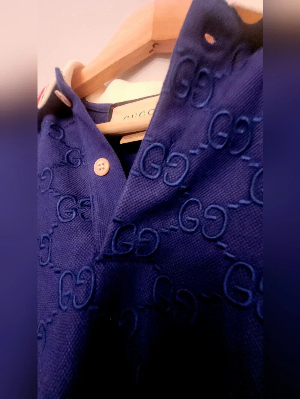 🇮🇹 GUCCI Embroidered 👕Navy Blue GG Jacquard Polo🇮🇹 with Cream Stripe Collar